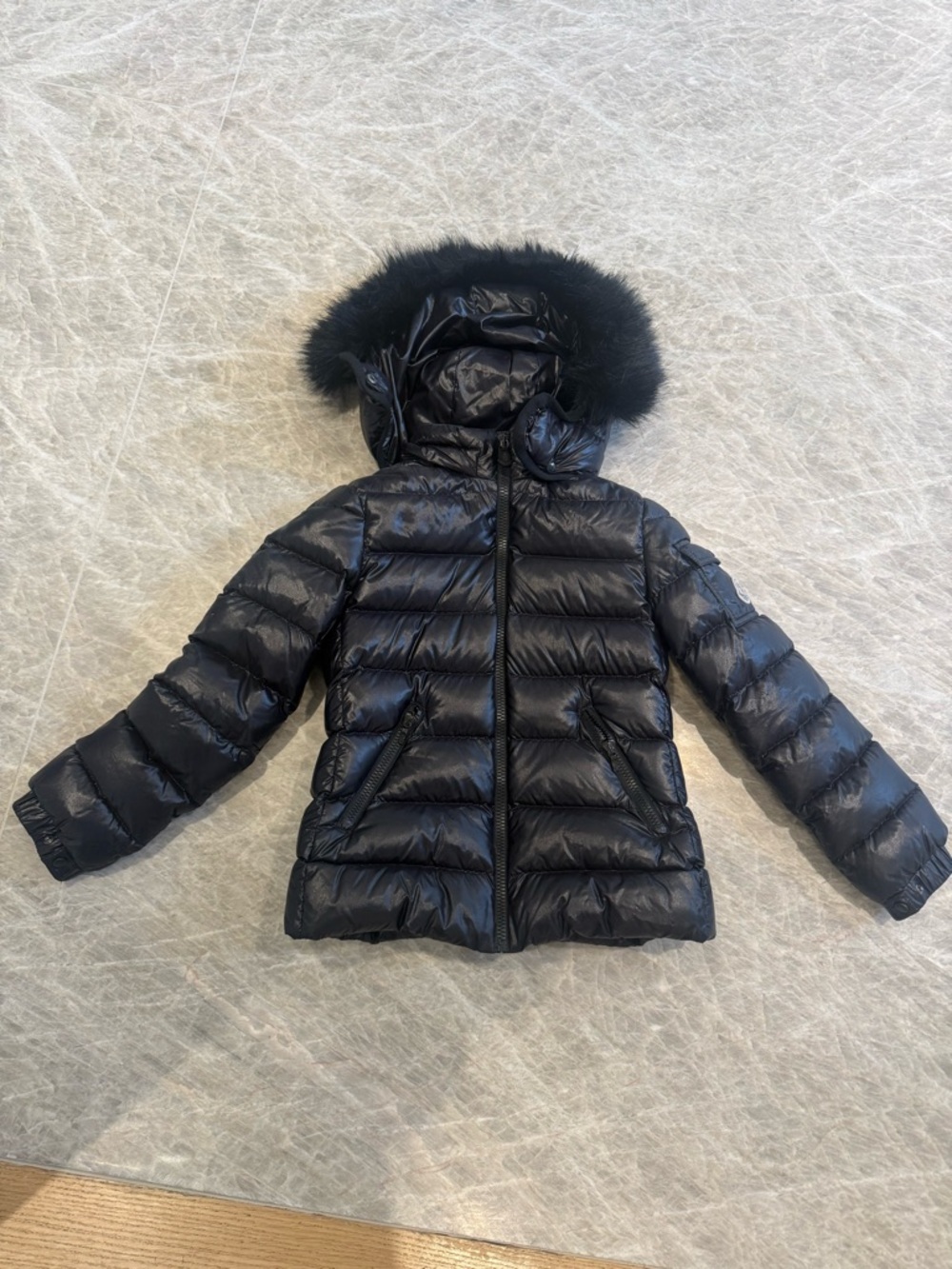 Moncler Kids Black Glossy Puffer Jacket with Fur-Trim Hood
